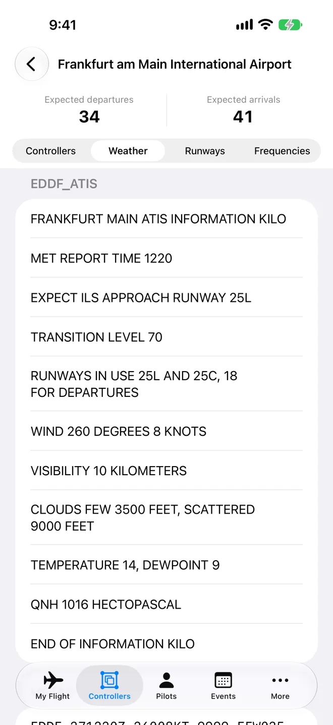 Frankfurt am Main International Airport on the Weather segment, with expected departures and arrivals at the top and the EDDF ATIS, information Kilo, shown line by line: approach in use, transition level, runways, wind, visibility, clouds, temperature and QNH.