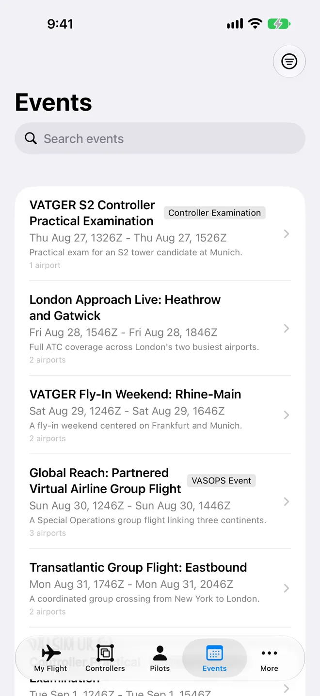 Events tab with a search field and filter button, listing upcoming VATSIM events with their names, start and end times in Zulu, a one-line description, how many airports are involved and tags such as Controller Examination.