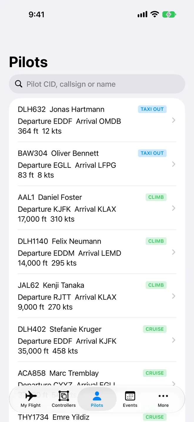 Pilots tab with a search field for CID, callsign or name. Each row shows a pilot's callsign and name, departure and arrival airports, altitude and ground speed, and a phase badge such as Taxi Out, Climb or Cruise.